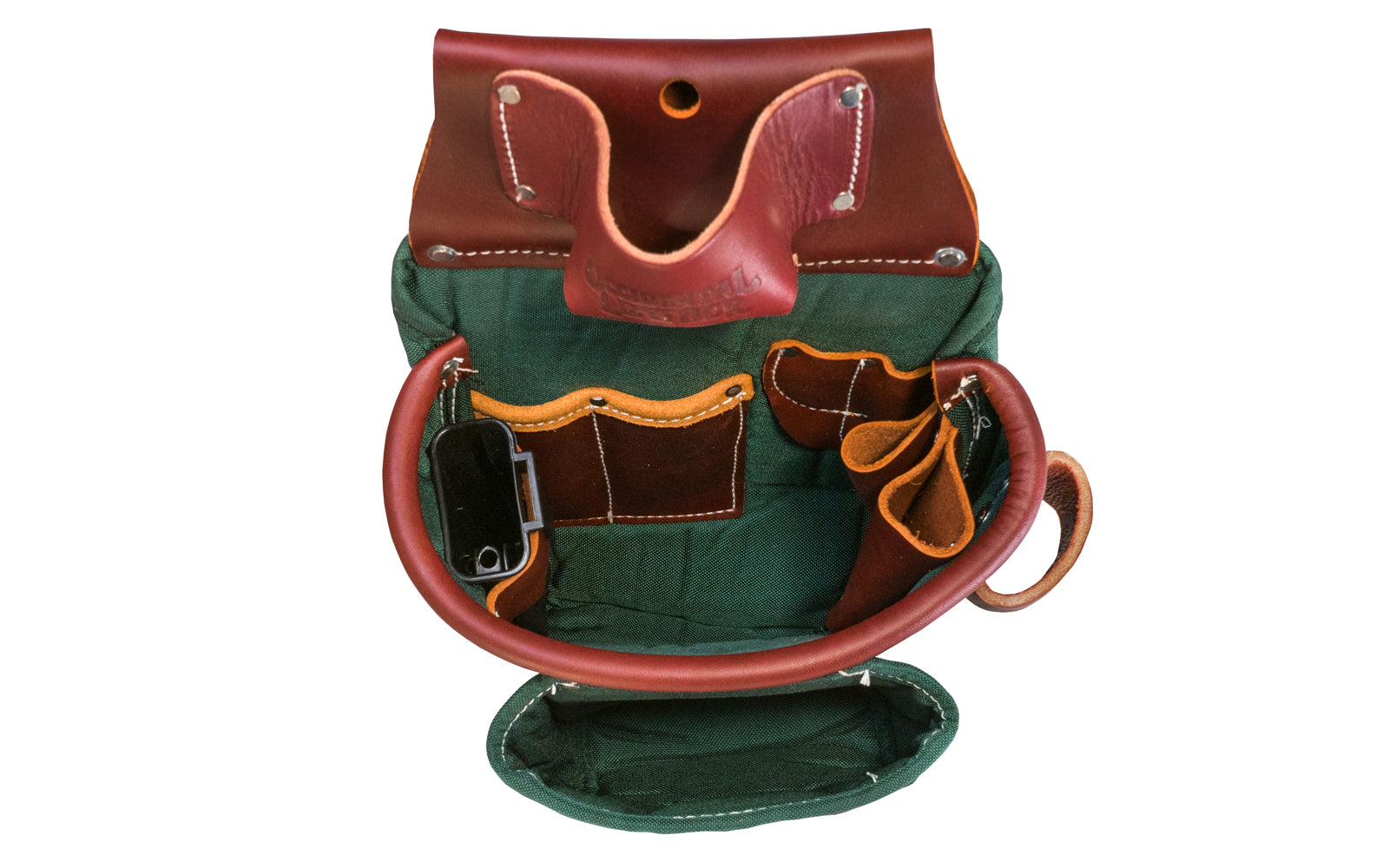 Occidental Leather Fat Lip Tool Bag ~ Model 8584 - Fits 3" work belt - bags are 10" deep & feature a full leather boot along with a distinctive leather "FatLip" bag mouth. Leather "FatLip" keeps the bag formed, open, & protected against abrasion. Made of Nylon & genuine Leather - 13 total pockets & tool holders - Green