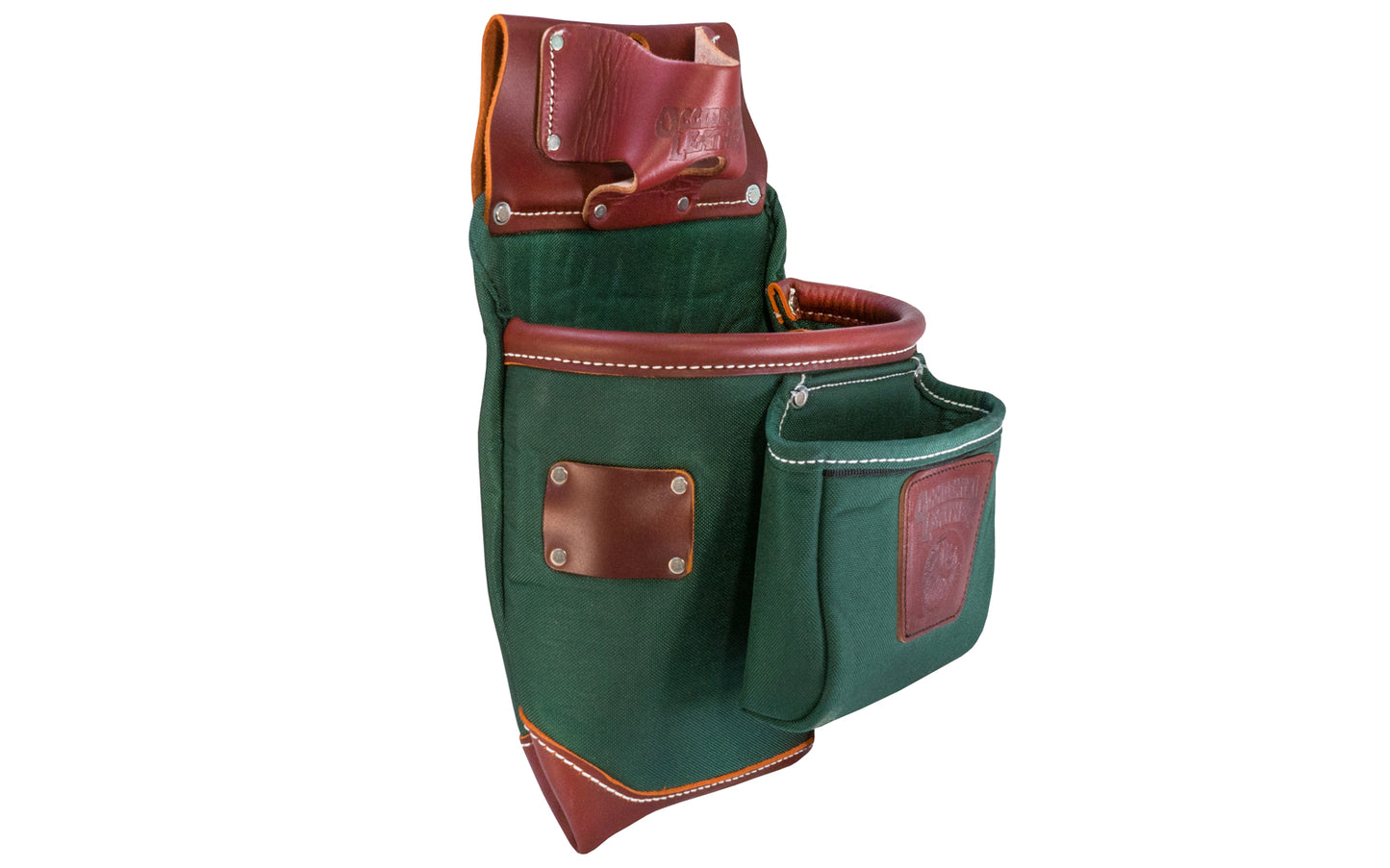 Occidental Leather Fat Lip Tool Bag ~ Model 8584 - Fits 3" work belt - bags are 10" deep & feature a full leather boot along with a distinctive leather "FatLip" bag mouth. Leather "FatLip" keeps the bag formed, open, & protected against abrasion. Made of Nylon & genuine Leather - 13 total pockets & tool holders - Green