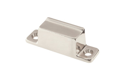 A solid brass transom box strike. This strike has a square style & is designed in the early 20th century style of hardware, but will fit in with any time period up to the current modern styles. 2-1/8" x 9/16" size strike. Polished Nickal finish.