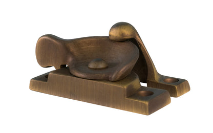 High quality classic solid brass crescent-style sash lock with square corners designed for hung or sash windows. Solid brass material with a durable pivot turn. 2-1/2" x 1" Size Lock. Antique Brass Finish.