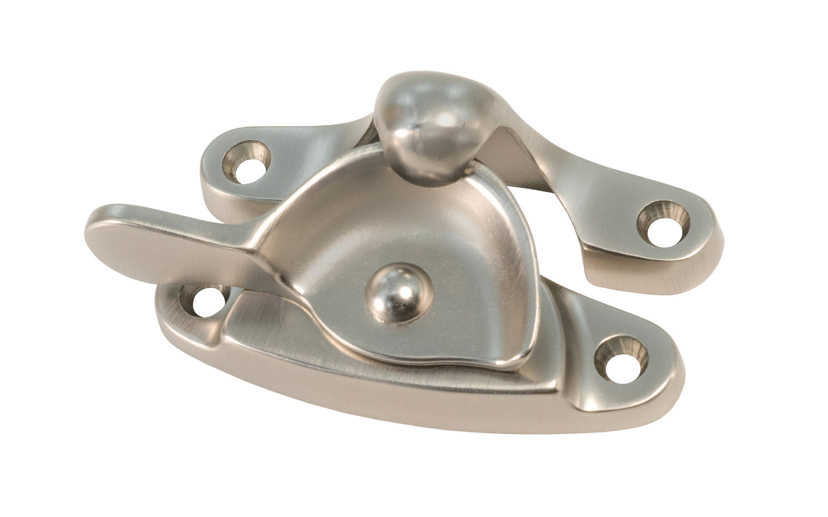 High quality & very popular classic solid brass crescent-style sash lock designed for hung or sash windows. Solid brass material with a durable pivot turn. 2-7/8" x 1" Large Size Lock. Brushed Nickel Finish.