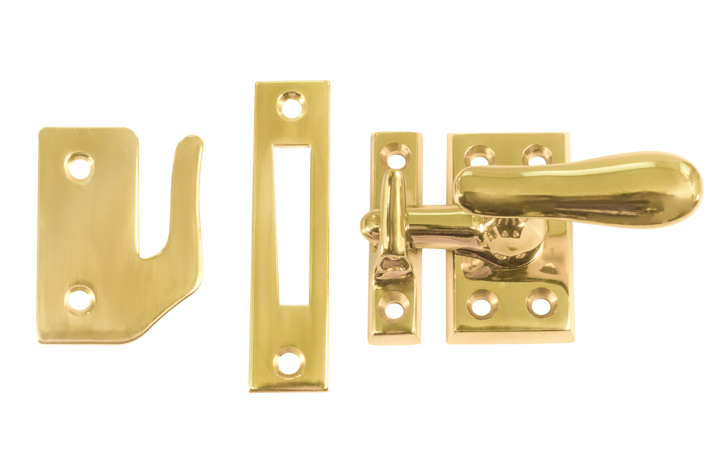 Classic & Traditional Solid Brass Casement Window Latch ~ Large Size. 2" high x 1-1/8" wide latch turn base. Locks & tightens window frames or small doors. Reversible for right or left applications. Vintage-style casement window lock. Lacquered Brass Finish.