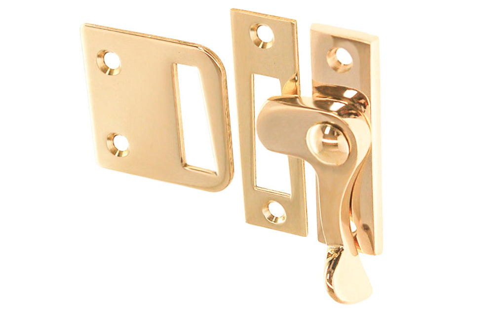 Vintage-style Hardware · Traditional Solid Brass Casement Lever Latch ~ Right Hand Operation. Durable strong pivot for sturdy operation. Locks & tightens casement window frames or small cabinet doors. Unlacquered Brass (will patina over time). Non-lacquered Brass.
