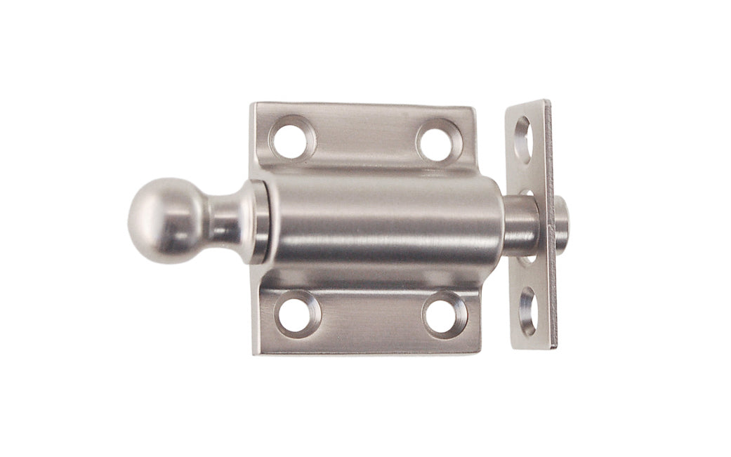 Vintage-style Hardware · Solid Brass Ventilating Sash Spring-Loaded Bolt designed for holding a sliding sash in either an open or closed position. Made of quality solid brass material for durability. Plunger has a 5/8" diameter & is spring loaded. It may be kept in a retracted position by turning the knob on the bolt. Brushed Nickel Finish.