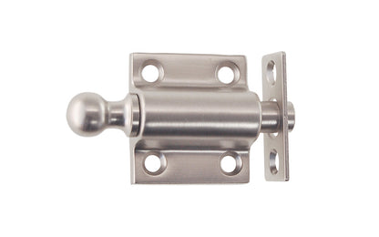 Vintage-style Hardware · Solid Brass Ventilating Sash Spring-Loaded Bolt designed for holding a sliding sash in either an open or closed position. Made of quality solid brass material for durability. Plunger has a 5/8" diameter & is spring loaded. It may be kept in a retracted position by turning the knob on the bolt. Brushed Nickel Finish.