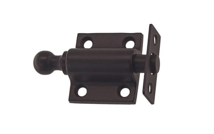 Vintage-style Hardware · Solid Brass Ventilating Sash Spring-Loaded Bolt designed for holding a sliding sash in either an open or closed position. Made of quality solid brass material for durability. Plunger has a 5/8" diameter & is spring loaded. It may be kept in a retracted position by turning the knob on the bolt. Oil Rubbed Bronze Finish.