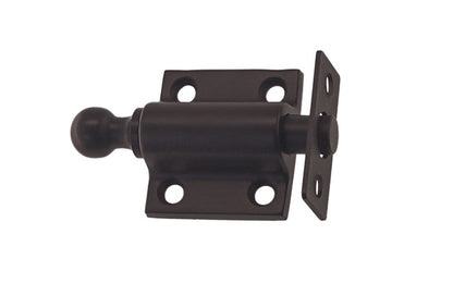 Vintage-style Hardware · Solid Brass Ventilating Sash Spring-Loaded Bolt designed for holding a sliding sash in either an open or closed position. Made of quality solid brass material for durability. Plunger has a 5/8" diameter & is spring loaded. It may be kept in a retracted position by turning the knob on the bolt. Oil Rubbed Bronze Finish.