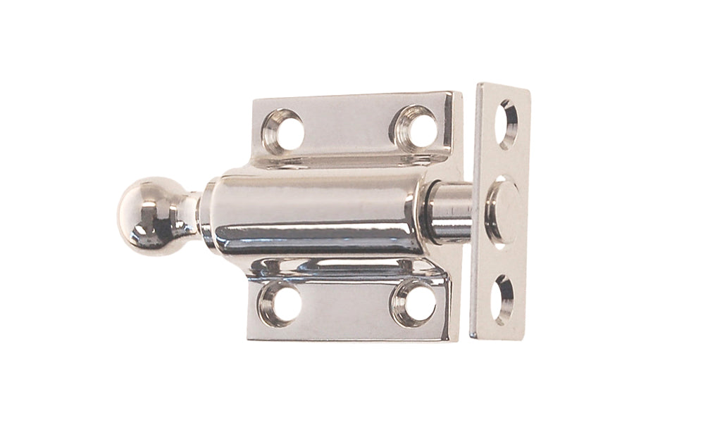 Vintage-style Hardware · Solid Brass Ventilating Sash Spring-Loaded Bolt designed for holding a sliding sash in either an open or closed position. Made of quality solid brass material for durability. Plunger has a 5/8" diameter & is spring loaded. It may be kept in a retracted position by turning the knob on the bolt. Polished Nickel Finish.
