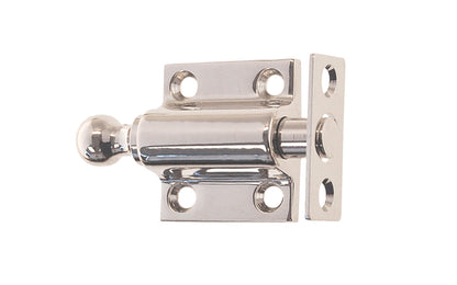 Vintage-style Hardware · Solid Brass Ventilating Sash Spring-Loaded Bolt designed for holding a sliding sash in either an open or closed position. Made of quality solid brass material for durability. Plunger has a 5/8" diameter & is spring loaded. It may be kept in a retracted position by turning the knob on the bolt. Polished Nickel Finish.