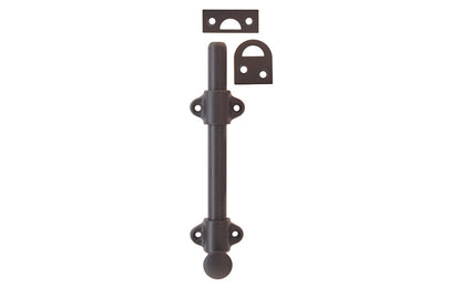 Vintage-style Hardware · Classy & handsome solid brass medium-duty surface bolt. Great for windows, doors, French windows, cabinets. 1/2" diameter half-rod with 1-3/8" wide guide brackets (stays) & 3/4" diameter knob. Includes small mortise strike & rim strike, & six slotted flat head screws. Solid Brass Dutch Bolt. Oil Rubbed Bronze Finish