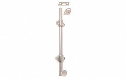 Vintage-style Hardware · Classy & handsome solid brass medium-duty surface bolt. Great for windows, doors, French windows, cabinets. 1/2" diameter half-rod with 1-3/8" wide guide brackets (stays) & 3/4" diameter knob. Includes small mortise strike & rim strike, & six slotted flat head screws. Solid Brass Dutch Bolt. Brushed Nickel Finish
