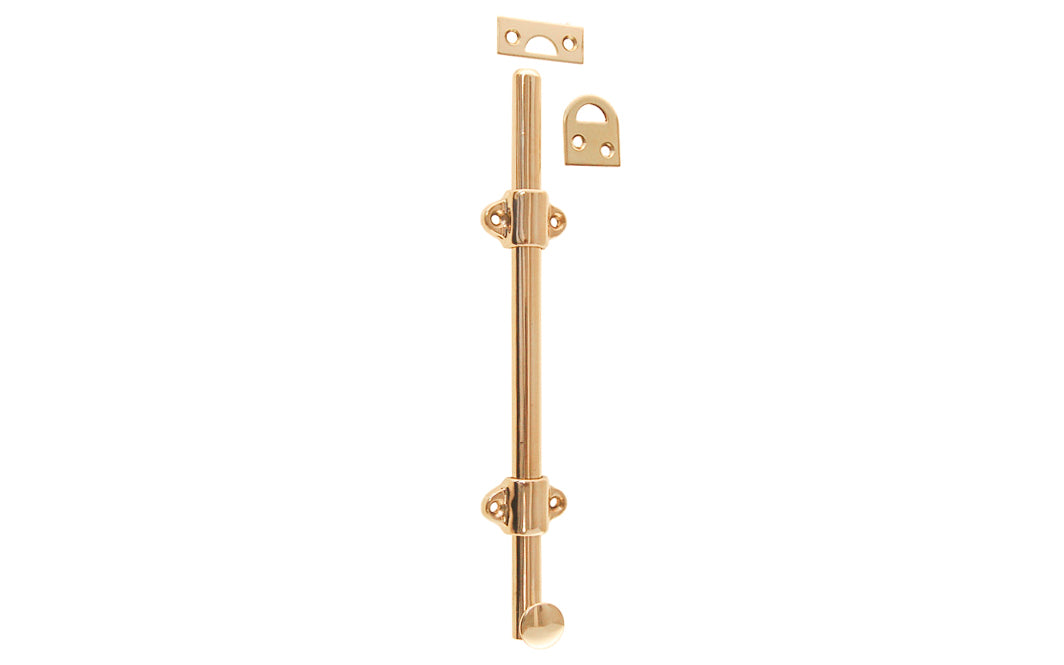 Vintage-style Hardware · Classy & handsome solid brass medium-duty surface bolt. Great for windows, doors, French windows, cabinets. 1/2" diameter half-rod with 1-3/8" wide guide brackets (stays) & 3/4" diameter knob. Includes small mortise strike & rim strike, & six slotted flat head screws. Solid Brass Dutch Bolt. Non-Lacquered Brass