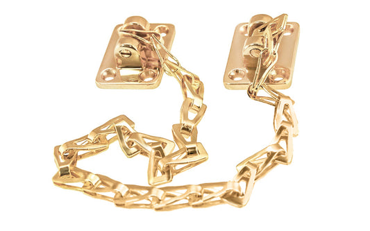 Classic & traditional sturdy adjustable transom chain with solid brass mounting bases for transom or in-swing windows. The 15" long chain is made of steel material with a plated finish. Secures transom or in-swing windows. Lacquered Brass Finish.