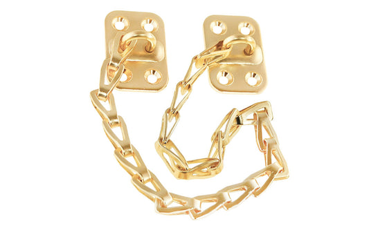 Classic & traditional sturdy transom window chain with solid steel mounting bases. The 12" long chain is made of steel material with a plated finish. Brass Finish. Steel Base. Secures transom or in-swing windows.