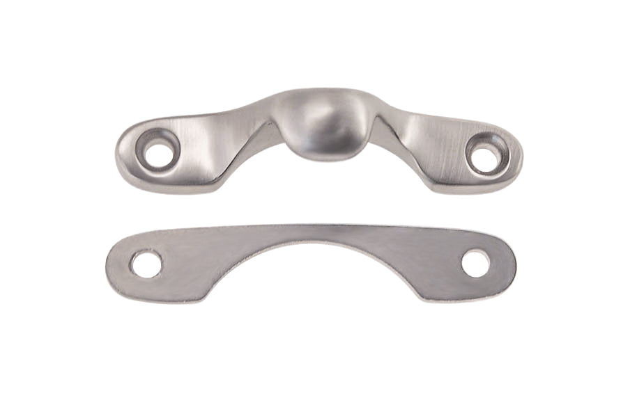 Solid brass strike catch & shim for sash locks on sash or hung windows. Strong sash lock catch is formed of solid brass, making it durable. Includes a 1/16" shim in the exact shape of the base for elevation of the strike if needed. Brushed Nickel Finish.