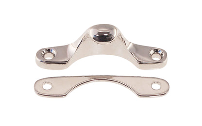 Solid brass strike catch & shim for sash locks on sash or hung windows. Strong sash lock catch is formed of solid brass, making it durable. Includes a 1/16" shim in the exact shape of the base for elevation of the strike if needed. Polished Nickel Finish.
