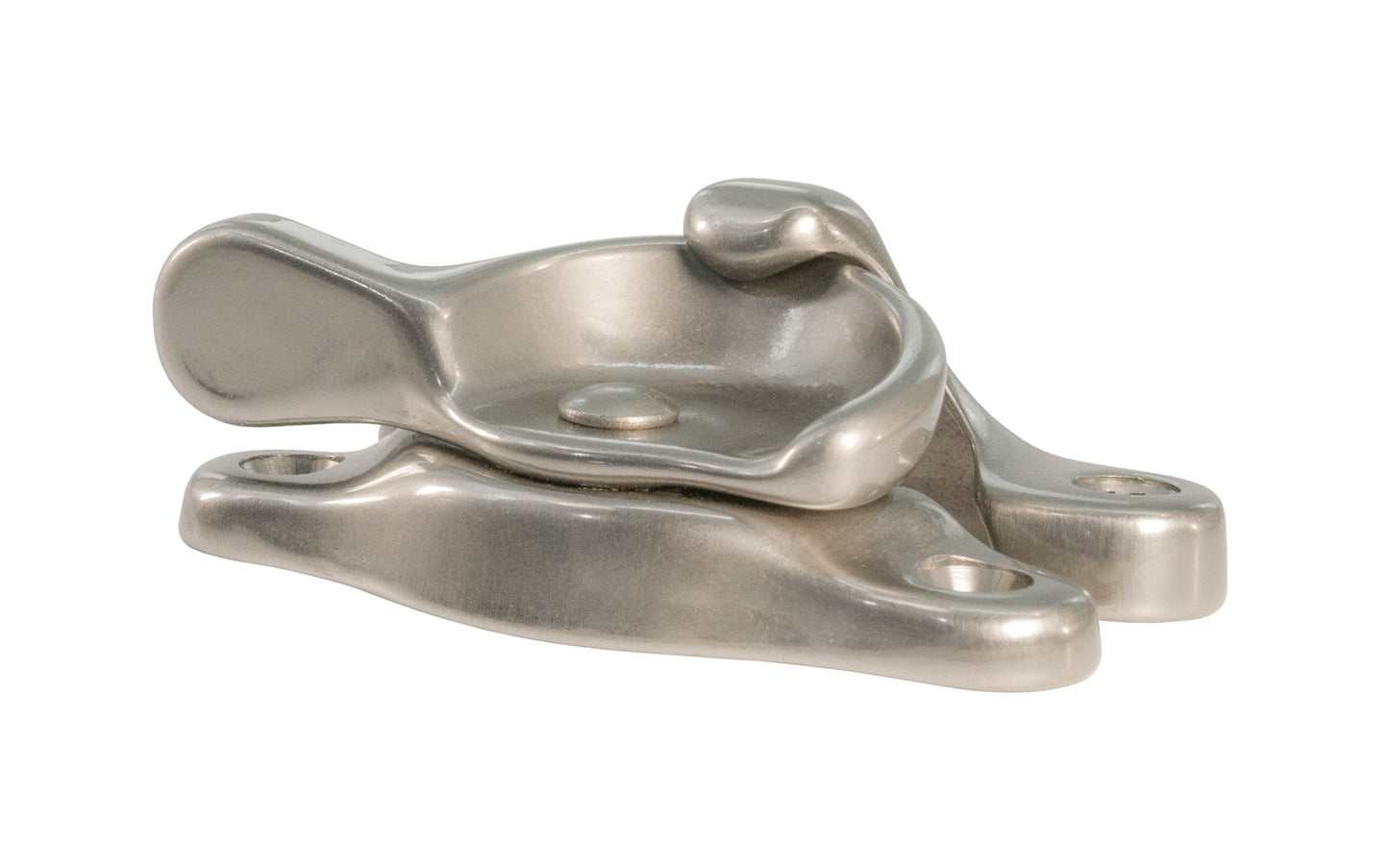 High quality & very popular classic solid brass crescent-style sash lock designed for hung or sash windows. Solid brass material with a durable pivot turn. 2-1/2" x 7/8" Regular Size Window Lock. Brushed Nickel Finish