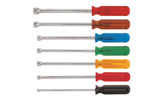 Klein Tools Vaco 7-Piece Nut-Driver Set. Model No. 89904. Includes sizes 3/16", 1/4", 5/16", 11/32", 3/8", 7/16", & 1/2" sizes. Contains seven 6" shaft nut drivers that reach into deep recesses. Seven Piece Nut Driver Set. 092644327117. Made in USA.