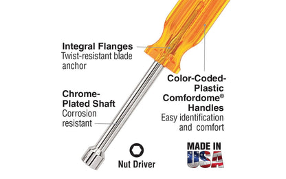 Klein Tools Vaco 7-Piece Nut-Driver Set. Model No. 89904. Includes sizes 3/16", 1/4", 5/16", 11/32", 3/8", 7/16", & 1/2" sizes. Contains seven 6" shaft nut drivers that reach into deep recesses. Seven Piece Nut Driver Set. 092644327117. Made in USA.