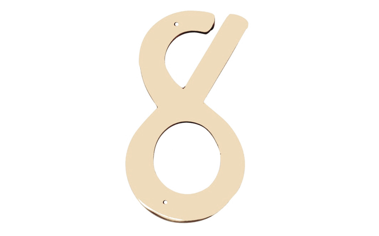 Number Eight Solid Brass House Number in a 4" size. Made of solid brass material - 1/16" thickness. Lacquered brass finish. Mounting nails included. #8 House Number. Hy-Ko Model No. BR-40/8. 029069200985
