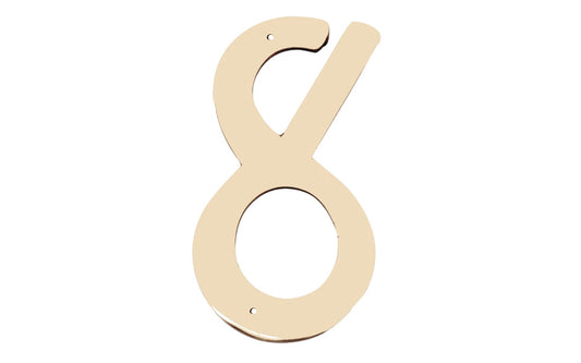 Number Eight Solid Brass House Number in a 4" size. Made of solid brass material - 1/16" thickness. Lacquered brass finish. Mounting nails included. #8 House Number. Hy-Ko Model No. BR-40/8. 029069200985
