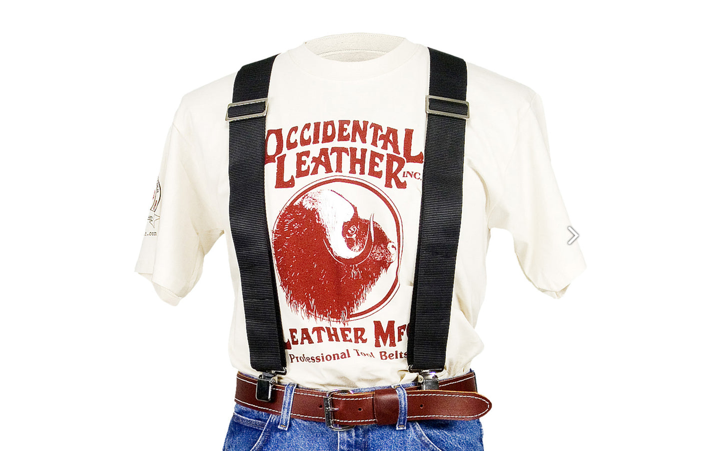 Occidental Leather "Oxy" Work Suspenders are serious nylon suspenders designed to hold your pants or tool belts - Extra heavy 2” wide straps are fully adjustable both front & rear (non-stretching). Heavy harness leather rear spreader. Made of industrial nylon material & genuine leather ~ Occidental Model 9020B