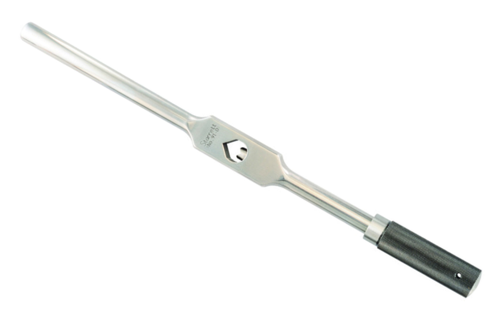 Starrett 91 Tap Wrench is strong & well proportioned. It is nicely finished and the gripping surface is properly tempered. It will firmly hold square or round shanks. It is plunger operated by knurled sleeve, the spring inside the sleeve causes plunger to back off when pressure is removed. 16" Length, 5/16-3/4" Tap Size.
