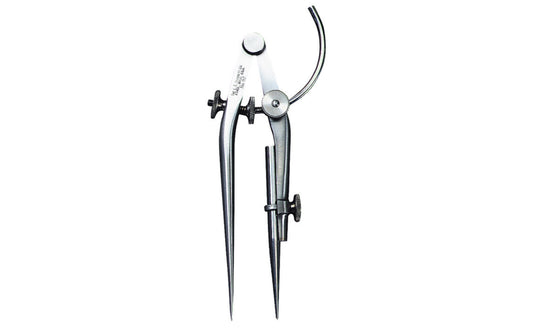 These Starrett 6" Carpenters Dividers combine rigidity, light weight & easy handling. The legs are forged steel, well-shaped, properly tempered & highly polished. The adjustable point may be quickly removed & a common pencil inserted in its place. 6" (150mm) size.   Made in USA.