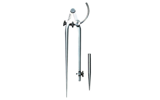 These Starrett 9" Carpenters Dividers combine rigidity, light weight & easy handling. The legs are forged steel, well-shaped, properly tempered & highly polished. The adjustable point may be quickly removed & a common pencil inserted in its place. 9" (225mm) size.   Made in USA.
