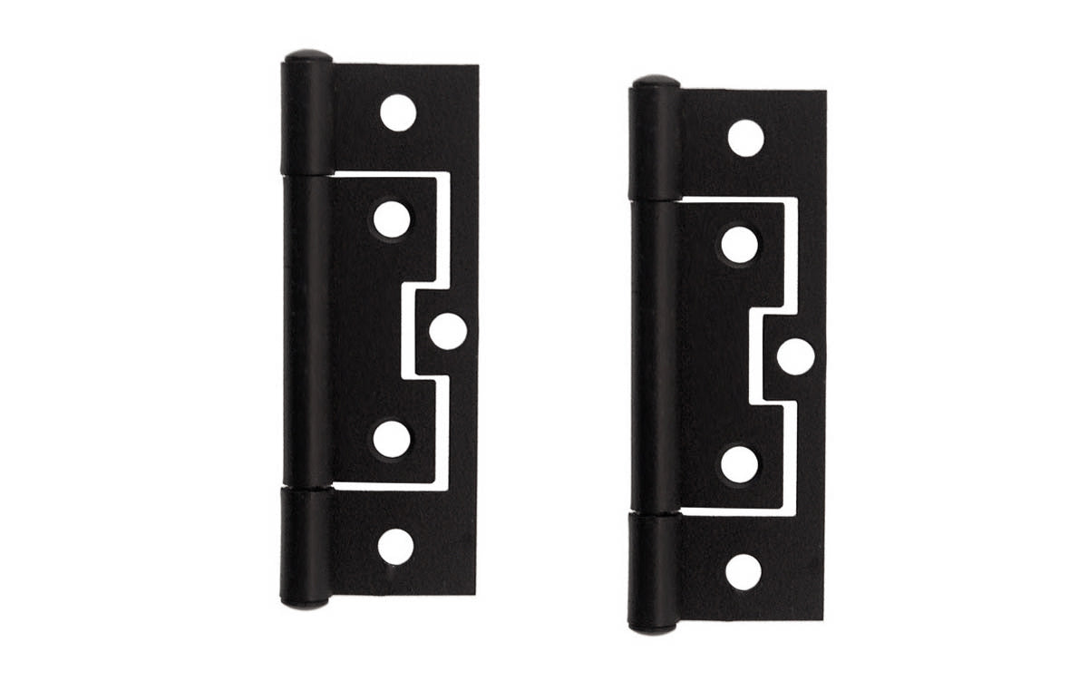 Pair of 3" Non-Mortise Cabinet Hinges ~ Flat Black Finish. Traditional & classic cabinet hinges. The hinges are surface mount & great for inset cabinet doors & bi-fold doors. Non-removable pins. Flat black finish on steel material. 3" high  x  1-1/8" wide large leaf,  &  13/16" wide small leaf. Sold in pairs.