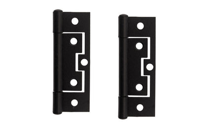 Pair of 3" Non-Mortise Cabinet Hinges ~ Flat Black Finish. Traditional & classic cabinet hinges. The hinges are surface mount & great for inset cabinet doors & bi-fold doors. Non-removable pins. Flat black finish on steel material. 3" high  x  1-1/8" wide large leaf,  &  13/16" wide small leaf. Sold in pairs.