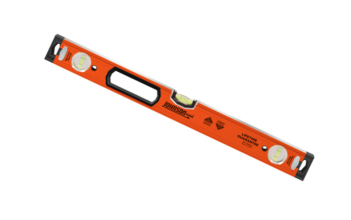 This Johnson Level No. 9850-2400 level is versatile enough to tackle any job, from rough carpentry to finish carpentry. Level features heavy-duty aluminum frames for strength & durability, & push-button removable non-slip endcaps for flush work. 24" long level. Crystal clear vials never fog, leak or crack. 049448985029
