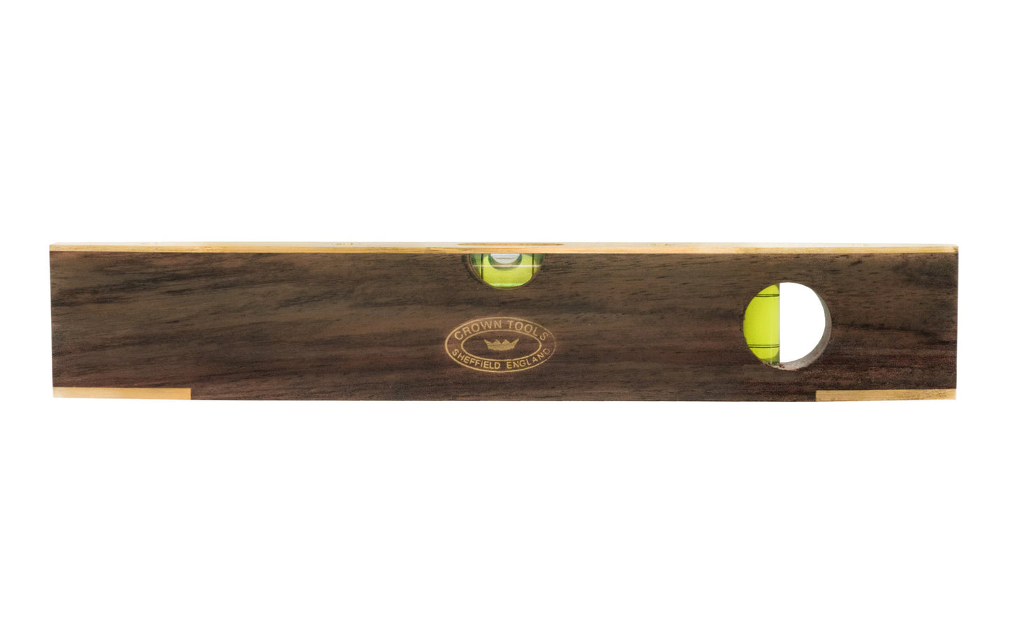 Crown Tools 9" Spirit Level. Also referred to as a "boat" level or torpedo level. Made of Walnut wood fitted with brass. Horizontal & vertical readings. Made in Sheffield, England. Crown Tools 9" Walnut & Brass Spirit Level Model SLW