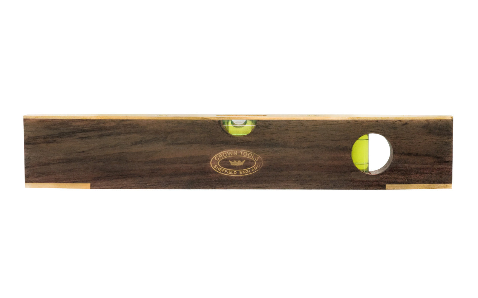Crown Tools 9" Spirit Level. Also referred to as a "boat" level or torpedo level. Made of Walnut wood fitted with brass. Horizontal & vertical readings. Made in Sheffield, England. Crown Tools 9" Walnut & Brass Spirit Level Model SLW