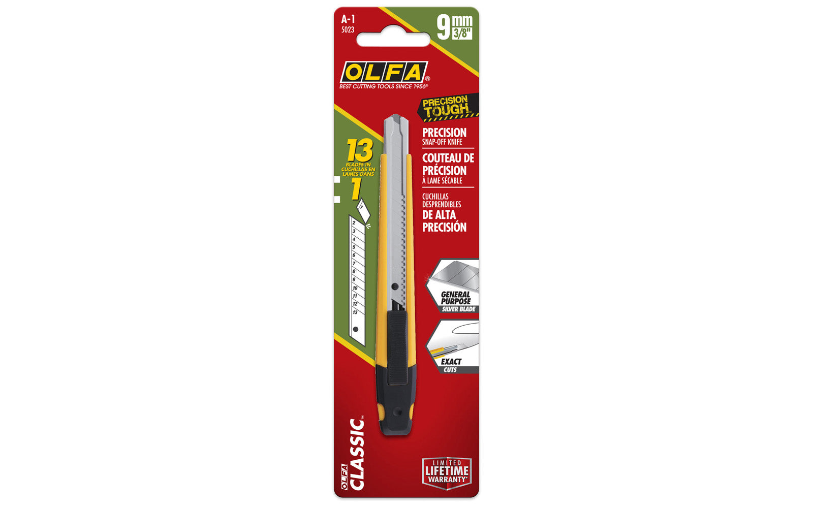 This Olfa "A-1" Utility Knife - 9 mm (3/8") Blade has Premium carbon tool steel AB blade for superior sharpness & edge retention. Auto-load blade system. Precision Snap-off knife. Stainless steel blade channel. Tool-free blade change. 091511600490. Olfa Model A-1. High impact ABS plastic handle. Made in Japan