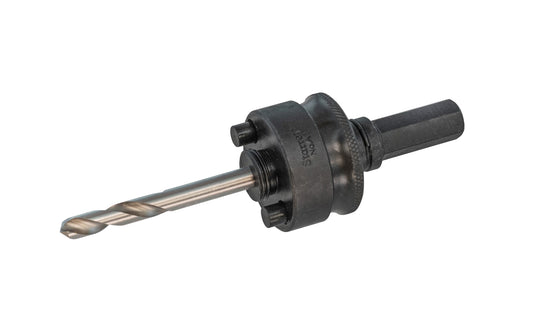 This Starrett Hole Saw Arbor is supplied with 1/4" pilot drill (6.35mm). 7/16" shank size (11 mm). Screw thread 5/8"-18. HSS Pilot Bit. 1/2" chuck capacity size of jaws.  Quick hitch arbor, allowing instant change of hole saw without tools & without removing the arbor from the chuck. Starrett Model A2. 0049659551426