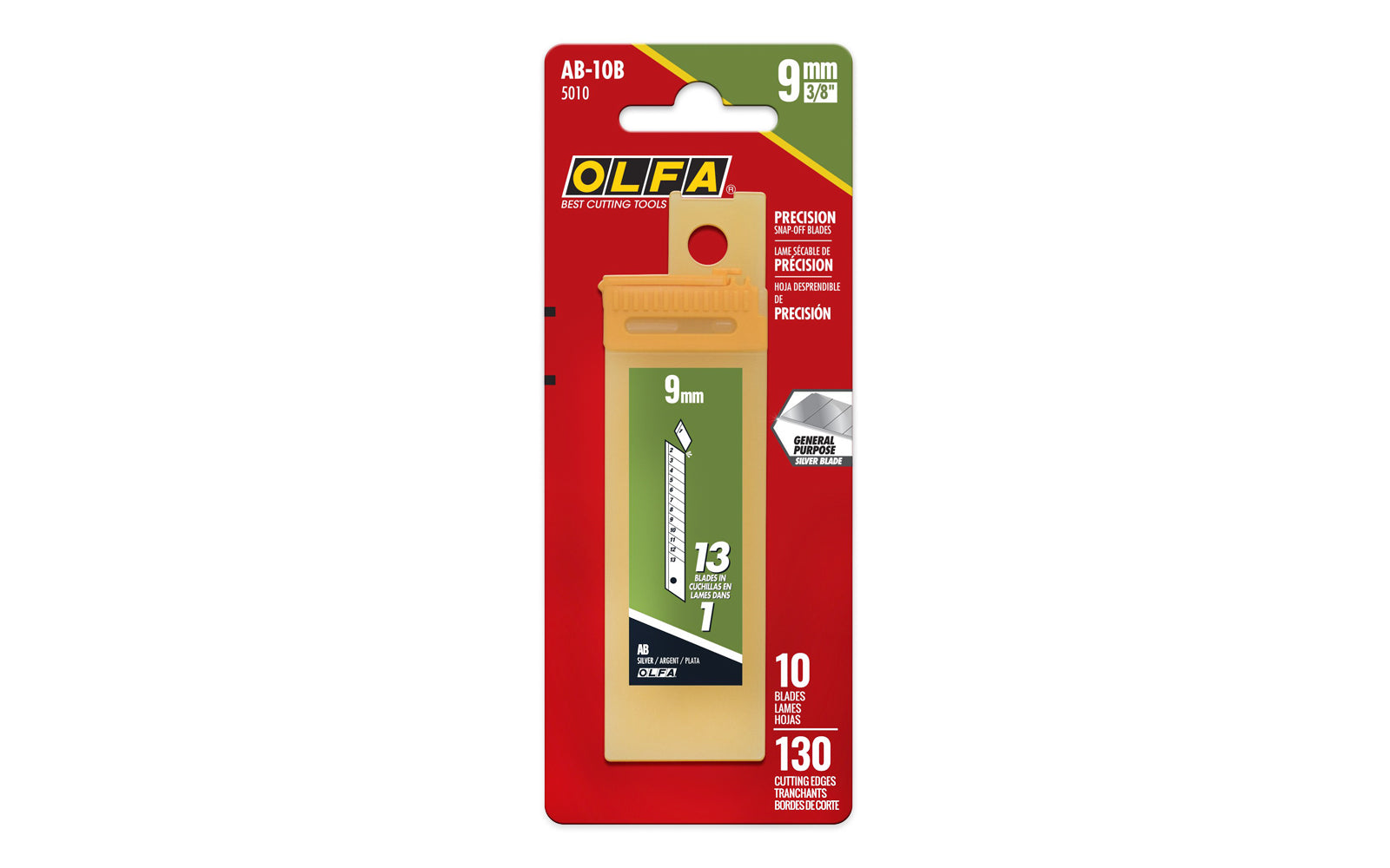 Olfa "AB-10B" 9 mm (3/8") Replacement Blades are crafted from premium Japanese carbon steel, & great for professional cutting performance. 10 Pack. 091511600148. General purpose silver blade - Premium Japanese carbon tool steel AB blade for sharpness & edge retention. Olfa Model AB-10B. 10 Blades. Made in Japan