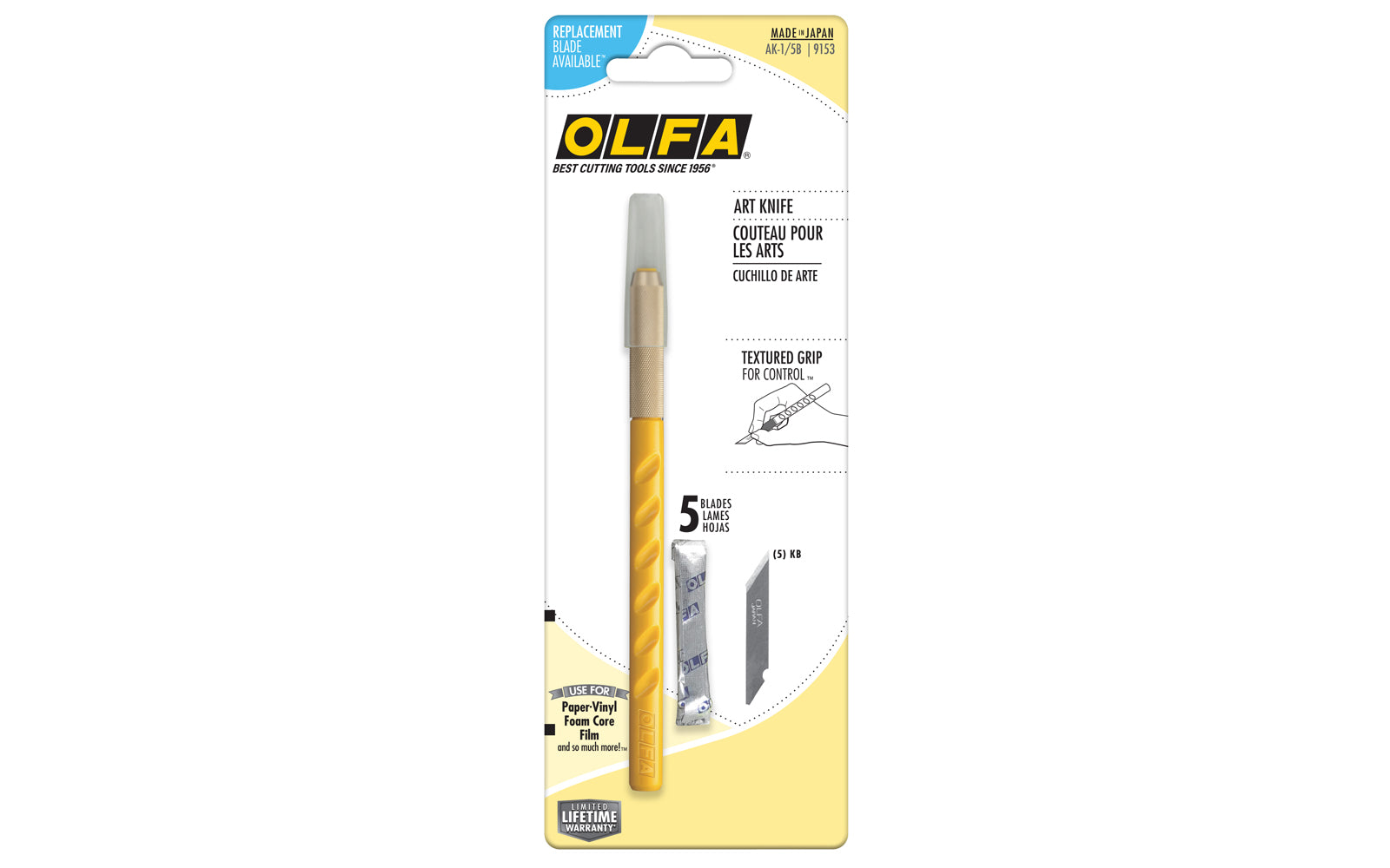 Olfa Art Knife with 5 Blades - AK-1/5B is great for making detailed cuts. This graphic art knife has a molded handle that fits in your hand. The premium carbon tool steel blade creates the deep & exact cuts. Blade cover is included for storage. Comes with (5) KB Multi-purpose art blades. 091511400595. Made in Japan
