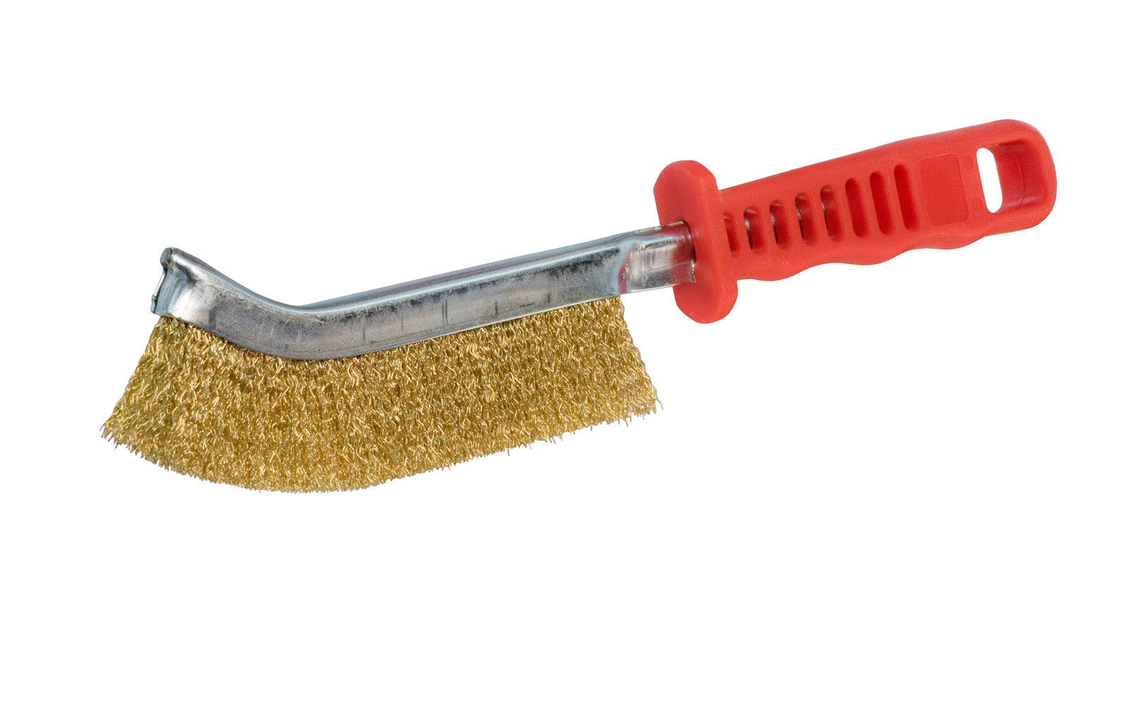 Alfa Tools Crimped Steel Wire Brush. Brass plated steel bristles. Curved bristles. Made by Alfa Tools.  Bristles:  5" long x 3/4" width x 1" trim.