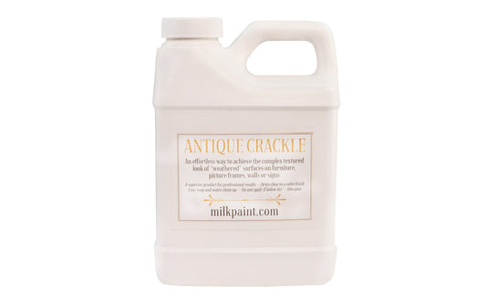 Antique crackle is designed to give a complex textured look of "weathered" surfaces on furniture, picture frames, walls, or signs. Dries to a clear satin finish. This natural gelatin product is brushed on before final coat of paint for an instant “alligator” or crackled look. Non-toxic. FDA approved mildewcide. Pint.