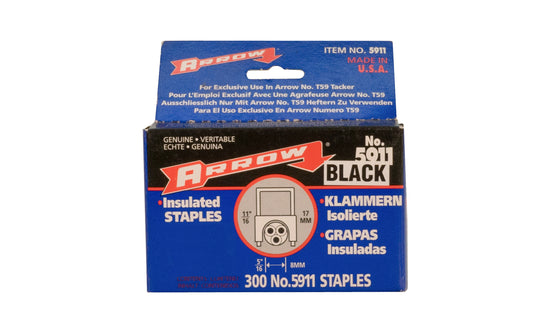 Arrow T59 Insulated Cable Staple for use with Arrow staple gun. For RG-59 and other wire up to 5/16 In. wide. Item No. 591188BL. 11/16" Overall Height, 1/4" Leg Depth Length. 300PK. Made in USA. 079055591115. 591188BL. Arrow Insulated Black Cable Staples - 1/4" - 300 PK