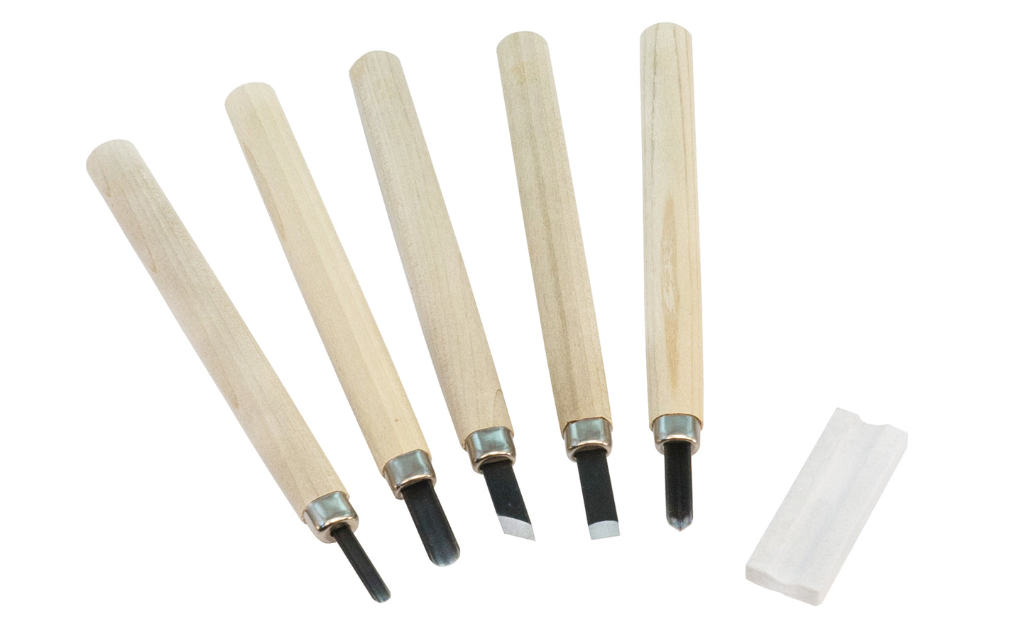 Good Japanese Asahi 5-Piece Mini Carving Set Japanese made in Japan. They all have sharp edges making them excellent for fine detail carving woodwork. Five of the most basic & useful chisel styles are included in this set. Small whetstone for sharpening is included in set, & hard plastic case for storage. 4957935051255