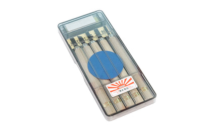 Good Japanese Asahi 5-Piece Mini Carving Set Japanese made in Japan. They all have sharp edges making them excellent for fine detail carving woodwork. Five of the most basic & useful chisel styles are included in this set. Small whetstone for sharpening is included in set, & hard plastic case for storage. 4957935051255