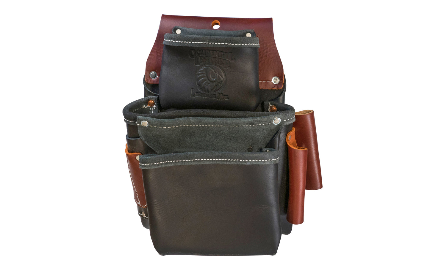 Occidental Leather Black Color 3-Pouch "Pro Fastener" Bag with Tape Pocket ~ 5060 - Fits 3" work belt - 9 total pockets & tool holders - Genuine leather - Made in USA - 759244222500 - Highly recommended for framing & general carpentry. Holders for 1” blade square, angle square, cat’s paw, driver bits - Three Pouch Bag