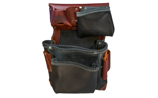Occidental Leather Green Building Fastener Bag ~ B5611 - Fits 3" work belt - 3-pouch bag with 12 total pockets & tool holders with tape pocket - Genuine leather - Made in USA  - Oxy Tool Shield, pockets for level, chisel, drill bits, knife, pencils & lumber crayon - Black Leather - Green Building Tool Bag