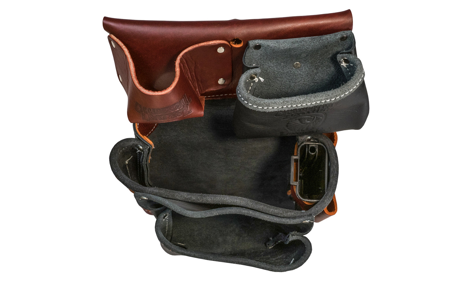 Occidental Leather Green Building Fastener Bag ~ B5611 - Fits 3" work belt - 3-pouch bag with 12 total pockets & tool holders with tape pocket - Genuine leather - Made in USA - 759244219005 - Oxy Tool Shield, pockets for level, chisel, drill bits, knife, pencils & lumber crayon - Black Leather - Green Building Tool Bag