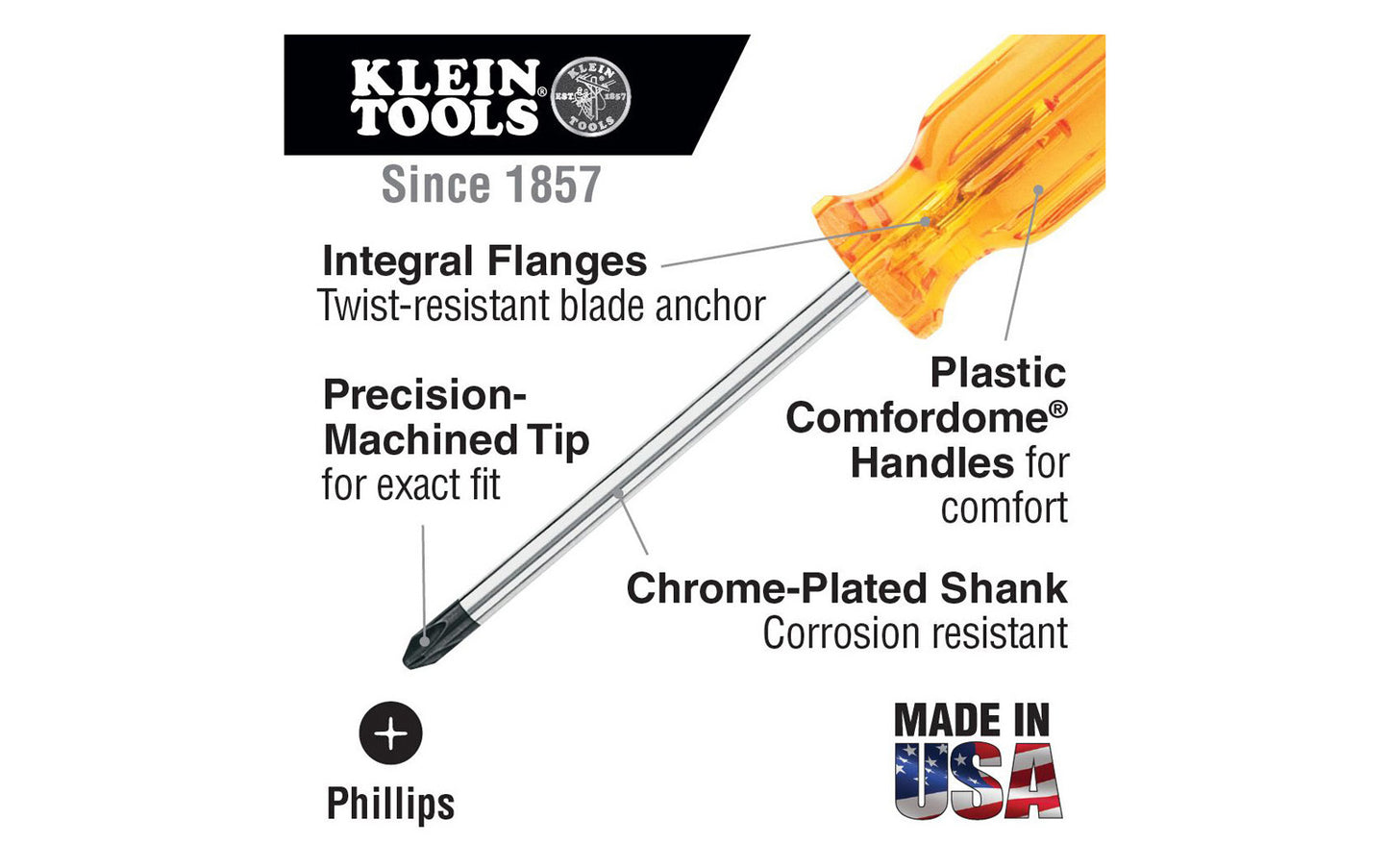 Klein Tools / Vaco Keystone "Bull Driver" Phillips Screwdriver. Precision-forged & polished blades with black tips. Available in #1, #2, & #3 sizes. Tough amber, smooth Comfordome handle. Chrome-plated shaft. Made in USA.