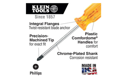 Klein Tools / Vaco Keystone "Bull Driver" Phillips Screwdriver. Precision-forged & polished blades with black tips. Available in #1, #2, & #3 sizes. Tough amber, smooth Comfordome handle. Chrome-plated shaft. Made in USA.