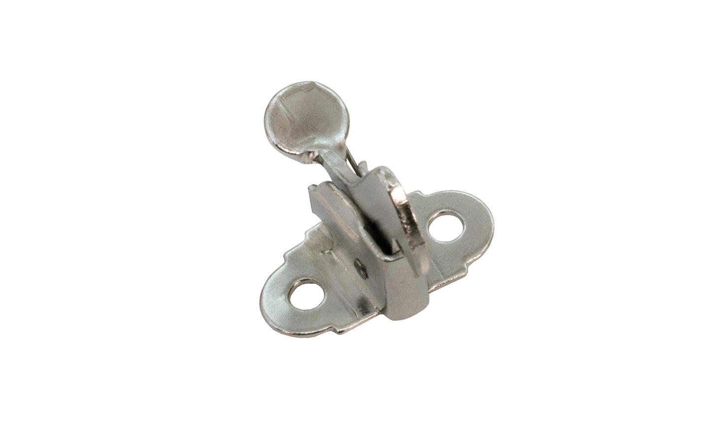 An old-style spring-loaded steel elbow catch for cabinet doors. Secures one door when there is no frame between the two doors. Wrought steel. Polished nickel finish.  Base 1-1/8″ wide