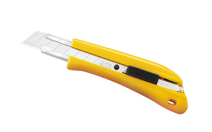 This OLFA "BN-AL" Utility Knife with 18 mm Blade is an auto-lock basic utility knife for heavy-duty cutting. Knife features a sturdy ABS plastic handle with a channel of stainless steel to support the snap blade. 091511100334. Olfa Model BN-AL. 18 mm (3/4") wide blade. Heavy Duty snap-off knife. Made in Japan